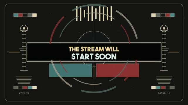 Retro broadcast screen displays The stream will start soon message with vintage dials, sync meters and teal red color bars on dark technical interface.
