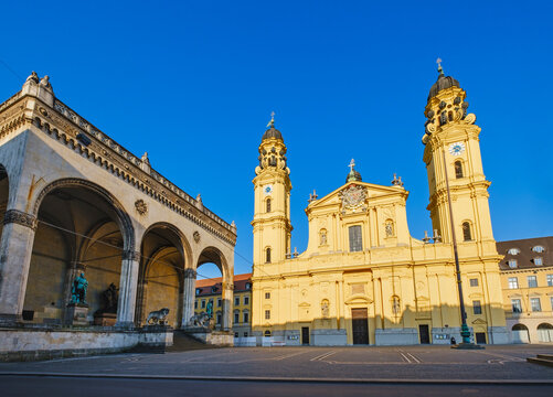 Germany, Bavaria, Munich, Theatine Church Of Saint Cajetan and Feldherrnhalle in deserted Odeonsplatz