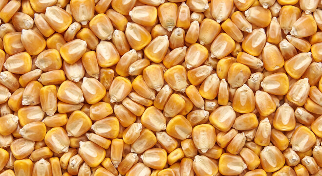 Dense macro texture of bright yellow dried corn kernels filling the frame
