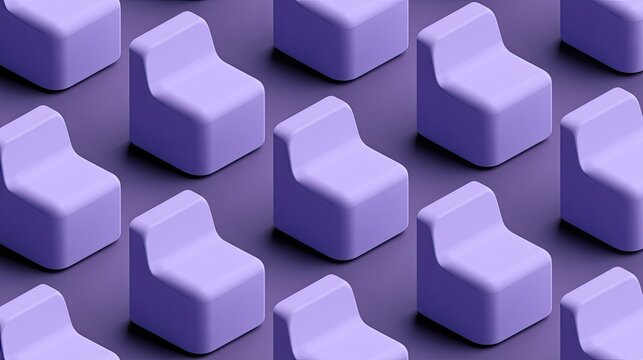 Rows of minimalist, pastel purple block chairs arranged in a repeating pattern