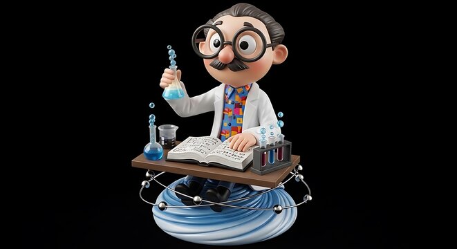 3D cartoon scientist holding flask with bubbles and open book