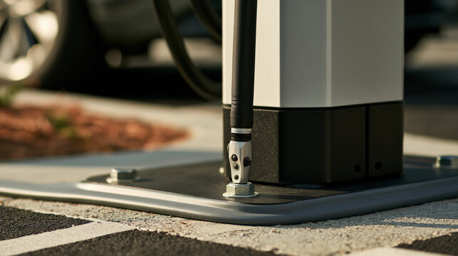 Tightening base plate mounting hardware on a high-power EV charging station during outdoor field installation