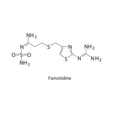 Famotidine skeletal structure. H2 antagonist compound schematic illustration. Simple diagram, chemical formula.