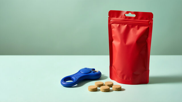 One red treat pouch cobalt clicker and five plain reward pieces