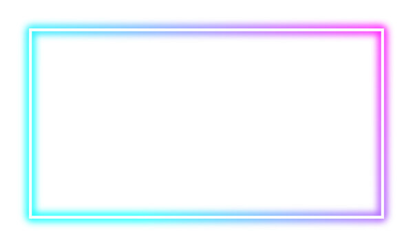 Neon cyan and pink glowing rectangle frame isolated on transparent background. Vibrant gradient light border vector overlay for gaming streamer banner, poster, product mockup