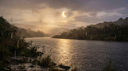Fototapeta premium Crescent solar eclipse emerges through rain storm clouds over wide river flowing amidst lush green forest mountains at sunset golden hour.