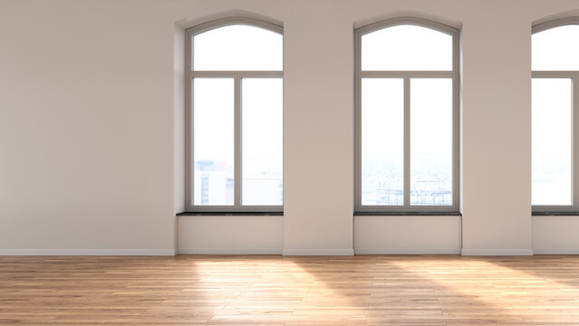 Bright apartment interior with arched windows and city view