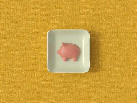 3d rendering of piggy bank in dish on yellow background symbolizing finance