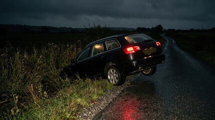 Naklejka premium Dark station wagon veered off wet rural road into grassy ditch at night under stormy skies with glowing tail lights on lonely asphalt.
