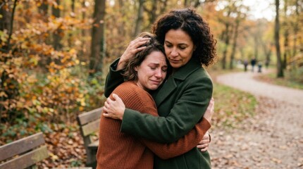 Fototapeta premium Woman comforting crying friend in autumn park with fallen leaves and trees