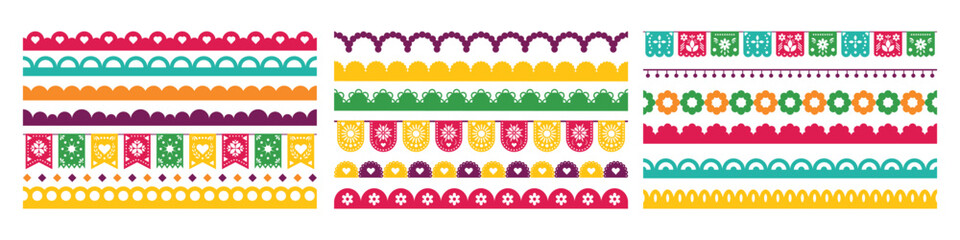 Naklejka premium Mexican border pattern with ornamental flowers and traditional Hispanic design elements, perfect for festive party invitations and cultural celebration cards. Vector illustration.