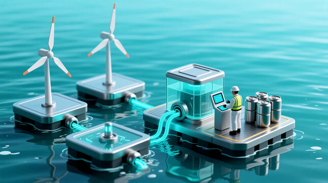 Generating clean power these floating hydro energy platforms and offshore wind turbines operate in panoramic 3D isometric sustainable innovation ecosystem