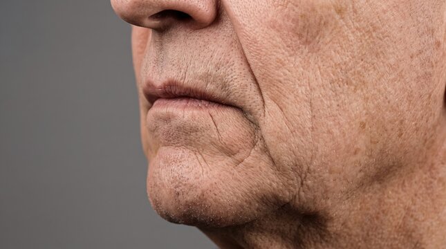 Wrinkled Chin and Mouth of Senior Man Side View Close Up