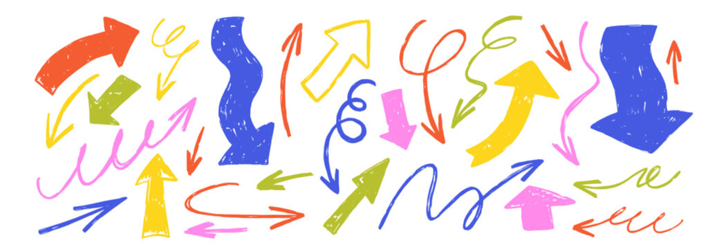 Hand-drawn arrow strokes and brush lines in crayon texture. Organic doodle set with rough pencil sketches, grunge marks. Color vector illustration.