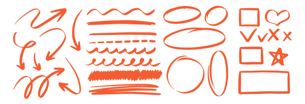 Hand-drawn arrow doodles and brush strokes in crayon style. Vector sketch set with rough pencil lines, circles, and organic shapes for creative design projects. Red vector illustration.