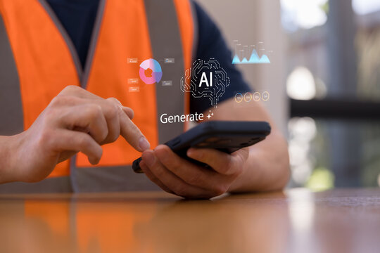 Construction worker using smartphone with AI technology interface and data analytics, representing artificial intelligence, digital transformation, automation, smart construction  industrial 