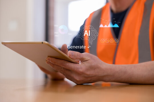 Construction worker using tablet with AI technology and data analytics interface, representing artificial intelligence, smart construction, digital transformation, automation and industrial innovation