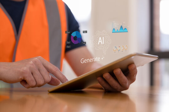 Construction worker using tablet with AI technology and data analytics interface, representing artificial intelligence, smart construction, digital transformation, automation and industrial innovation