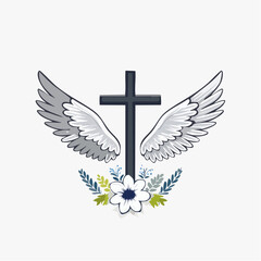 Fototapeta premium Christian cross vector illustration with angel wings and flower arrangement for faith and memorial designs