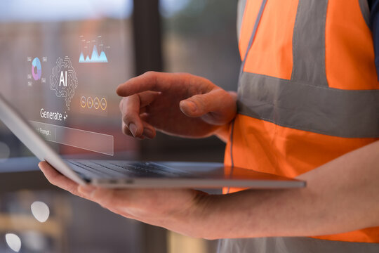 Construction worker using AI technology and data analytics interface, representing artificial intelligence, smart construction, digital transformation, automation and industrial innovation.
