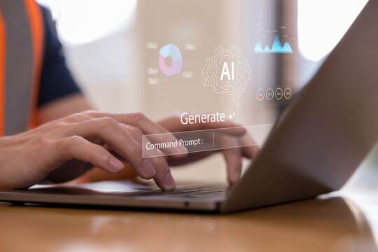 Construction worker using AI technology and data analytics interface, representing artificial intelligence, smart construction, digital transformation, automation and industrial innovation.