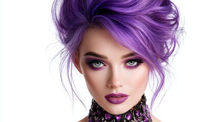 Fototapeta premium Vibrant purple hairstyle with dramatic makeup and intense gaze, showcasing bold beauty trends and unconventional style for creative and fashion concepts