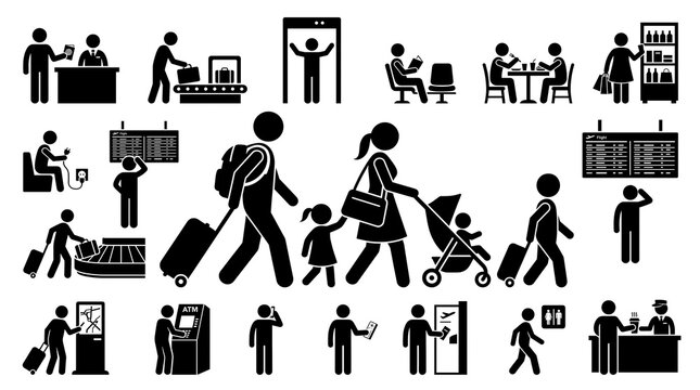 Stick figure travelers engaged in airport activity with luggage inside departure terminal