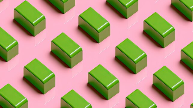 Repeating pattern of shiny green rectangular prisms on a pink background