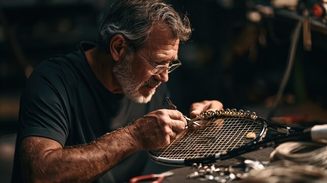 Racket Stringer Inspecting Worn Grommets by Hand