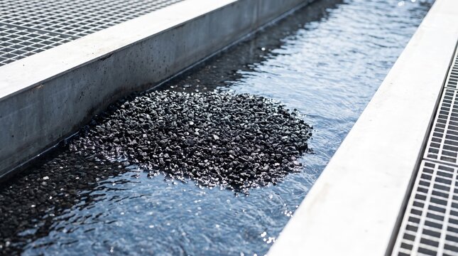 Black activated carbon granules in water filtration channel. Industrial water treatment and purification system with charcoal filter. Environmental technology for clean water.