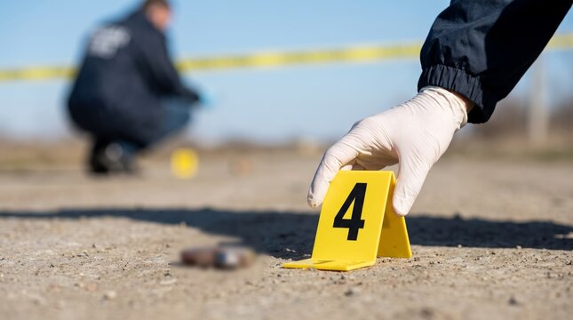 Close up of investigator hand placing yellow evidence marker number four at crime scene next to bullet casing. Forensic examination and criminal investigation concept for justice.