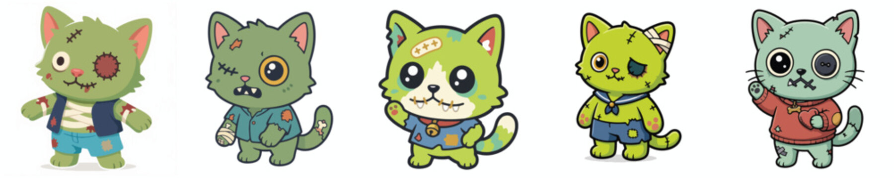 Set of 5 Cute Halloween Zombie cat Character Illustrations