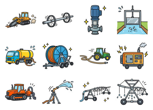 Farm irrigation equipment with tractors and pumps while watering fields with a sprinkler system
