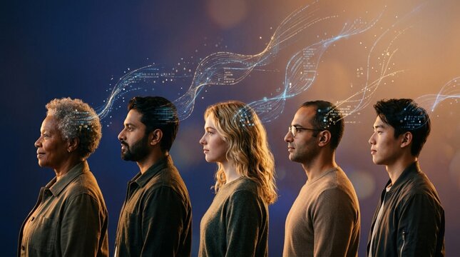 Diverse row of five people in profile facing left, soft warm rim light on their faces, delicate streams of glowing data threads above their heads, blue bokeh background, representation of AI,