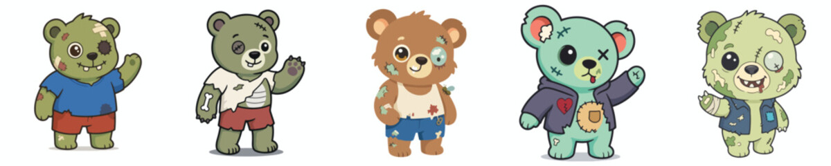 Fototapeta premium Set of 5 Cute Halloween Zombie bear Character Illustrations