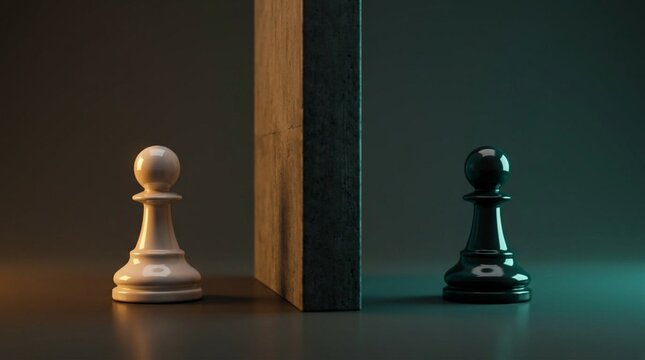 Two glossy 3D chess pawns on opposite sides of a tall divider, left bathed in warm amber light, right in cool teal glow, contrasting minimal background, conceptual still life