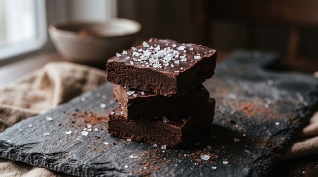 Stack of delicious dark chocolate brownies topped with sea salt on a rustic stone board.