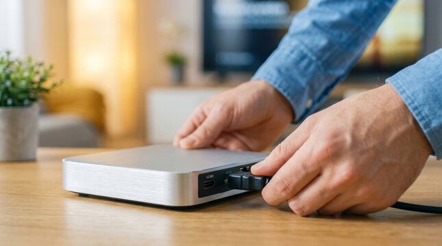 Man connecting hdmi cable to media player set top box on wooden table in living room. Installing smart tv streaming device and home entertainment system setup concept