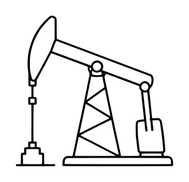 Industrial oil rig pumpjack vector icon illustration for petroleum energy extraction projects. Minimalist black and white line art design showing fossil fuel drilling machinery and equipment.
