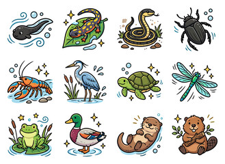Obraz premium Cute cartoon animals like a frog beaver and otter in a vibrant nature setting
