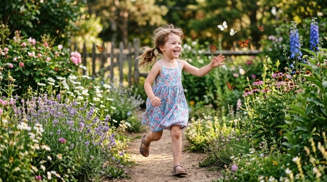 Joyful little girl running through a vibrant garden chasing butterflies on a sunny day