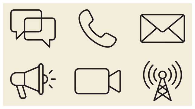 Set of black outline communication icons featuring overlapping speech bubbles telephone receiver email envelope megaphone camera radio tower contact symbols megaphone ico