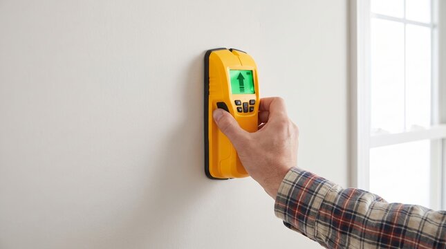 Man hand holding yellow stud finder scanning white wall. Electronic detector device for home renovation and construction. Building repair and DIY improvement tool concept