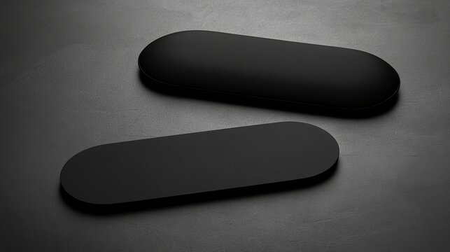 Two matte black oblong shapes rest on a dark gray surface, concept for product presentation and minimalist design elements within a modern aesthetic