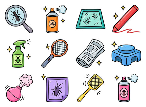 Various pest control items and insects with playful cartoon style and bright colors for home hygiene and protection