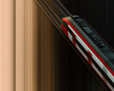 Close-up of a sleek, modern train with red and white stripes on black