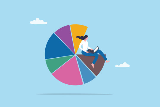 Pie chart statistic marketing analysis, report information or financial data, portfolio or asset allocation, profit graph diagram, investment chart, businesswoman working on laptop and pie chart.