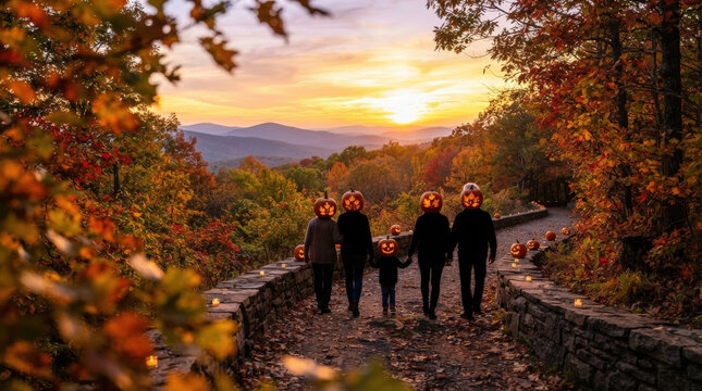 Group of friends with carved pumpkin heads walks down stone path in colorful autumn forest overlooking distant mountains at sunset golden hour.