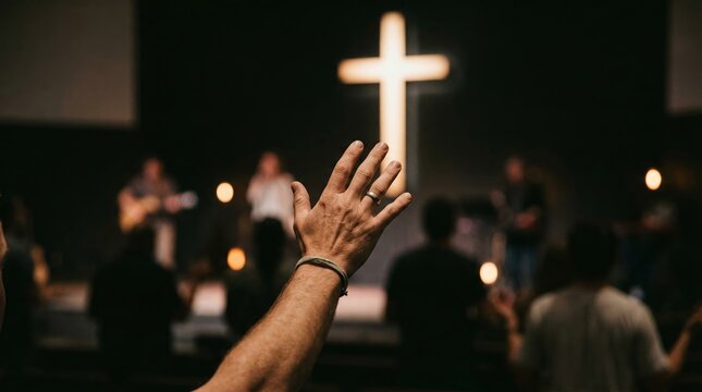 Man raising hand in worship during church service with illuminated cross on stage. Christian faith and prayer concept. Congregation praise and spiritual community gathering