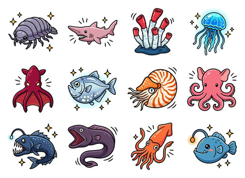 Cute sea creatures like octopus and fish swim with coral while nautilus and jellyfish float in the ocean